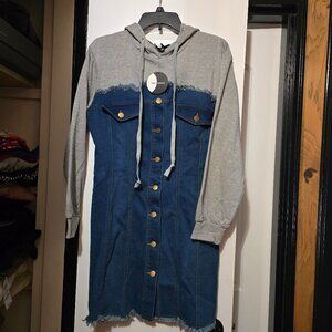Day & Night Women's Denim Hooded Buttoned Down Dress W Gray Top Size Large